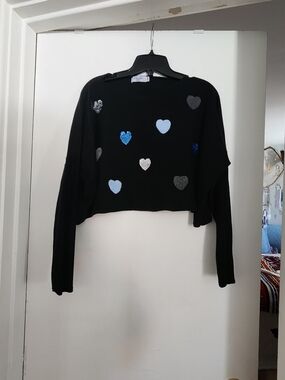 Eterne Black Cropped Sweater with Blue and Silver Sequin Hearts